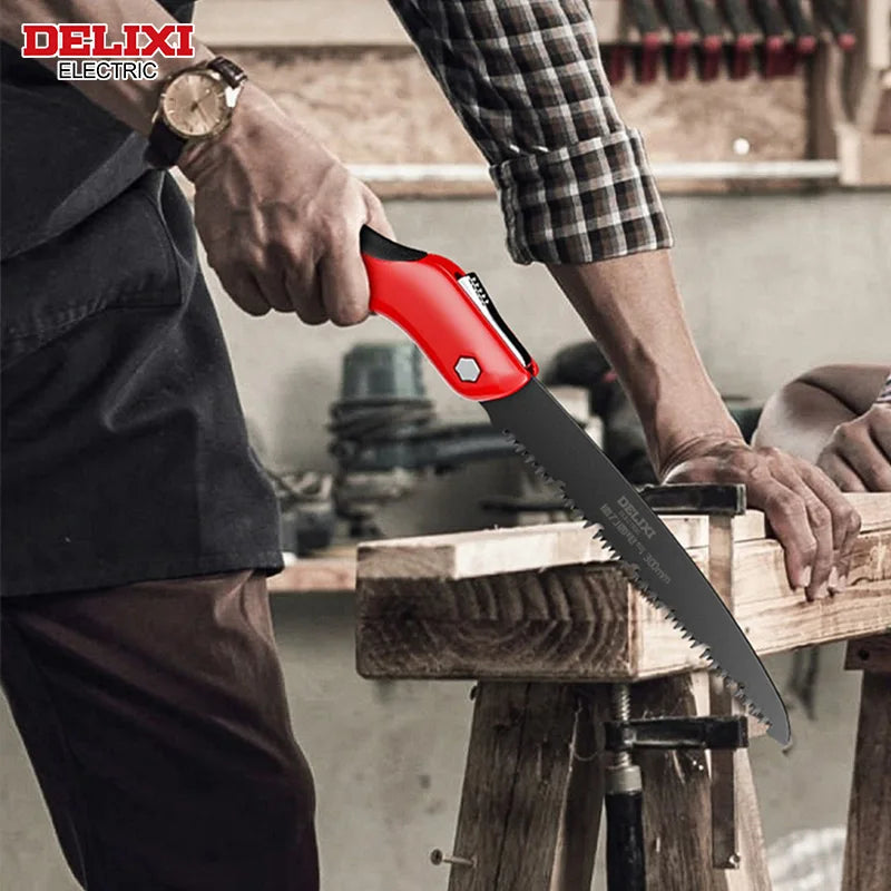 DELIXI ELECTRIC Folding Saw,SK5 steel One-button Folding Design,Sharp Cutting Wood,Camping DIY,Garden Saw,Tree Chopper Knife
