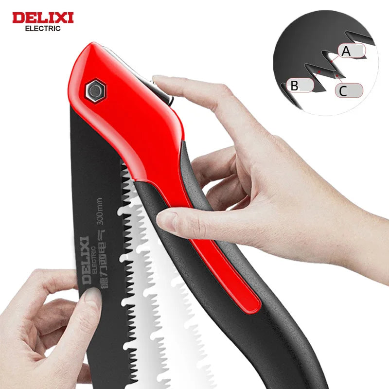 DELIXI ELECTRIC Folding Saw,SK5 steel One-button Folding Design,Sharp Cutting Wood,Camping DIY,Garden Saw,Tree Chopper Knife