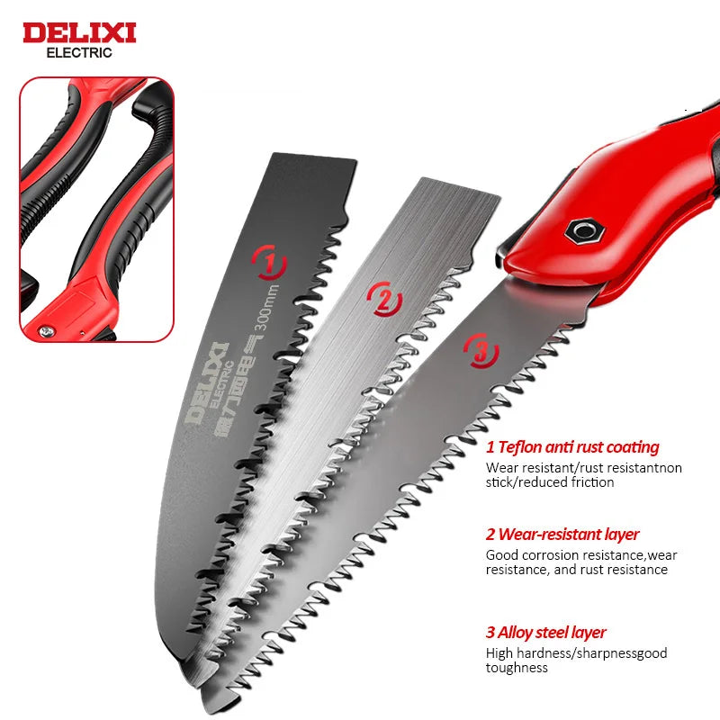 DELIXI ELECTRIC Folding Saw,SK5 steel One-button Folding Design,Sharp Cutting Wood,Camping DIY,Garden Saw,Tree Chopper Knife